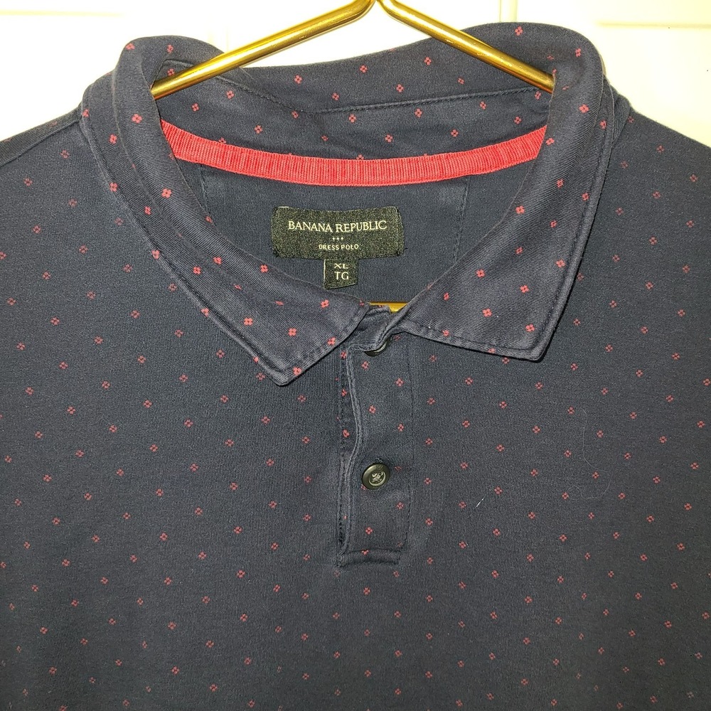 Banana Republic Dress Polo Shirt Men Size XLarge TG Blue with Red Polka Dot